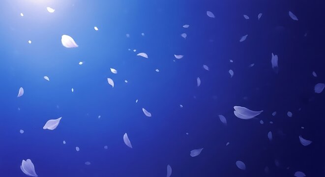 Dreamy blossom petal drift on cerulean backdrop for a delicate artistic mood and elegance, evoking calmness and serenity