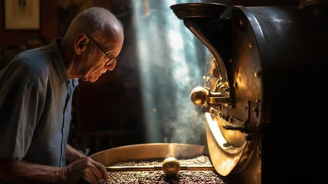 Senior man roasting coffee beans in a vintage commercial roaster