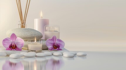 Relaxing Spa Scene with Candles Pink Orchids Smooth Stones and Incense Sticks