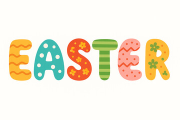 Vector icons of letters shaped as decorated eggs forming festive words playful flat design white background