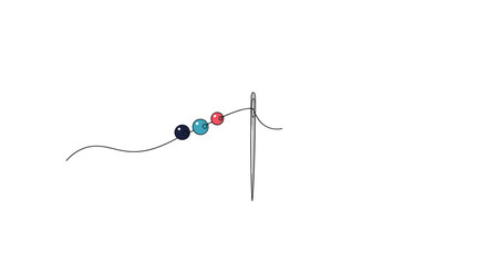 A delicate black thread with three vibrant colored beads in black blue and red is gracefully threaded through the eye of a silver needle.