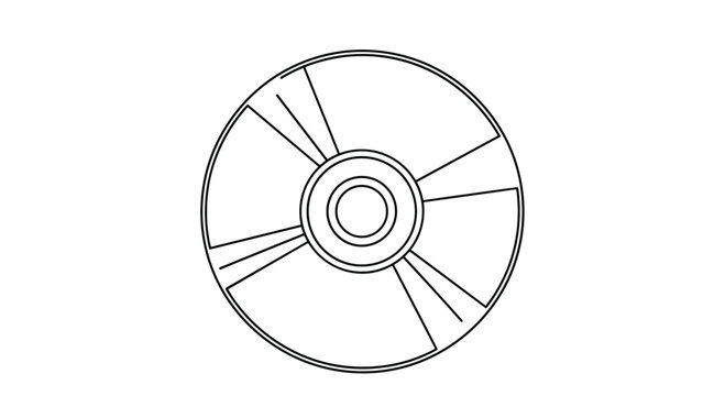 A clean black outline drawing of a classic compact disc showing its distinctive radial lines and central hole on a white background.