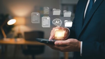 Businessman uses smartphone for managing documents data with artificial intelligence technology and online cloud system for effective business