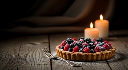 Elegant berry tart dessert with raspberries and blueberries display on wood