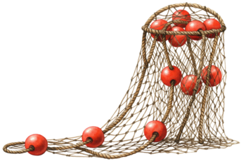 Traditional fishing net, dark brown intricate woven netting, thick light brown ropes, bright red-orange oval floats, transparent background, subtle shadows, classic nautical concept art