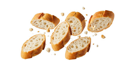 Freshly sliced baguette bread pieces isolated on transparent background