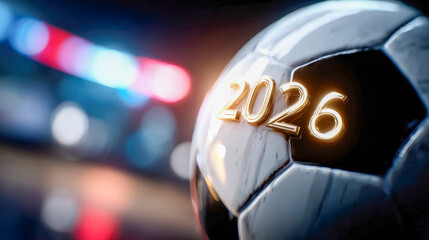 Close-up of a glowing soccer ball with golden 2026 text, symbolizing an upcoming sports event
