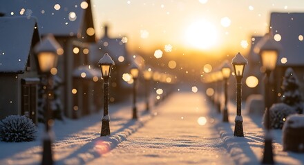 Enchanting winter townscape with glowing lights and serene snowy charm