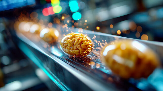 Transparent capsules filled with golden nuts traveling along a conveyor belt in a futuristic food automation environment