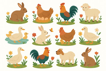 Fototapeta premium Vector set of rabbits hens roosters ducks and lambs in spring scenes flat design white background