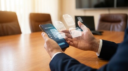 Business professional uses AI assist on mobile phone to manage digital documents in office setting demonstrating modern tech and efficiency
