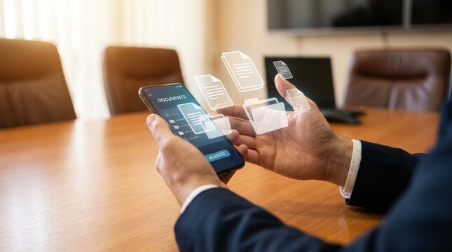 Business professional uses AI assist on mobile phone to manage digital documents in office setting demonstrating modern tech and efficiency