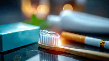 Conceptual still life with toothbrush, cigarette, and toothpaste emphasizing oral health contrast