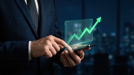 Businessman analyzes stock market data and financial growth trend on his mobile phone in the modern office at night