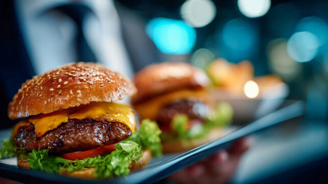 Close-up of a juicy cheeseburger with sesame bun and fresh lettuce served on a plate