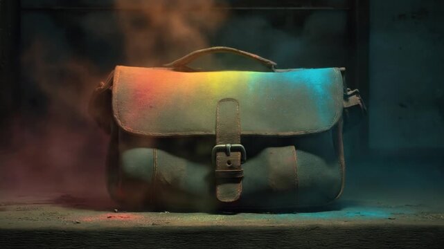 A weathered satchel rests on a dusty surface, colors of a rainbow dye the bag and billow as clouds