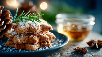 Close-up of festive gingerbread cookies sprinkled with sugar crystals and decorated with fresh pine branches
