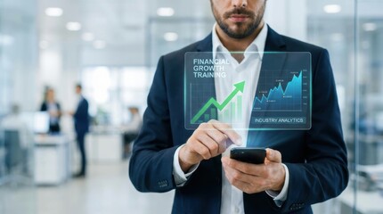 Businessman analyzes financial growth trends using smartphone with virtual display showcasing industry analytics and financial training data