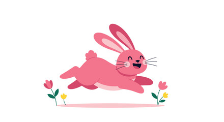 A delightful pink cartoon rabbit is playfully jumping with joy among charming small pink and yellow flowers on a crisp white background.