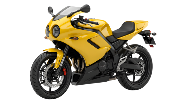 A bright yellow sport motorcycle is shown from the side on a black background.