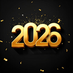 A vibrant and luxurious 3D illustration featuring bold blue and gold "2026" typography surrounded by elegant Christmas decorations. The scene includes golden stars, snowflakes, ornaments, gift boxes, 