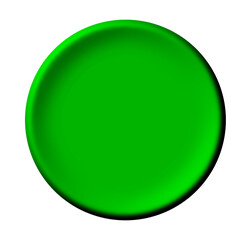 A vibrant green circular button with a beveled edge, isolated on a plain white background.