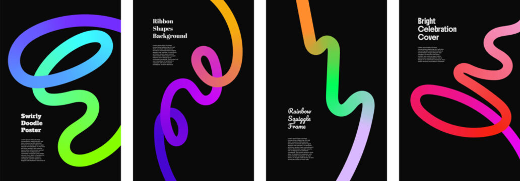 Line gradient curve ribbon background squiggle wave poster rainbow color blend into a playful abstract shape. Fluid spiral energy forms a modern vector pattern ideal for kid friendly neon banners.