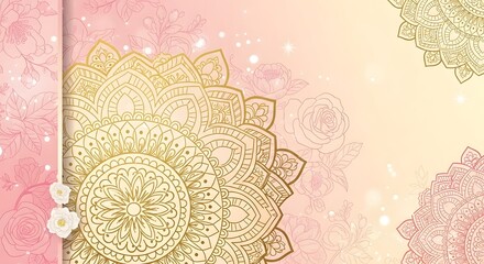 Elegant indian wedding background with gold mandala and soft florals