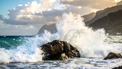 Powerful ocean waves crashing against a rocky shore with mountain backdrop