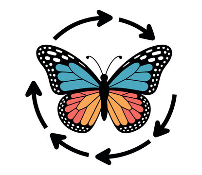A butterfly is depicted in a circular arrow motif symbolizing transformation and change.