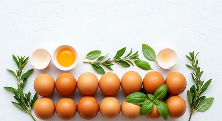 Fresh farm eggs with herbs on white textured background, top view