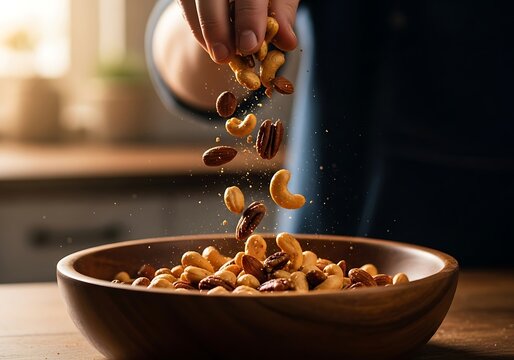 Person pouring mixed nuts into a wooden bowl in the kitchen setting