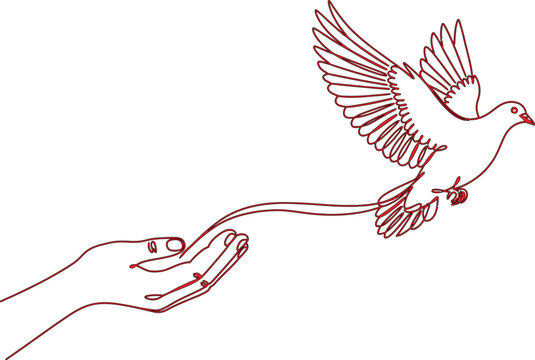 Dove taking flight from open hands line drawing