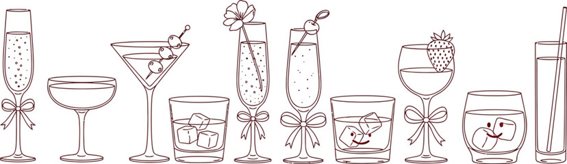 Hand drawn cocktail glasses variety line art illustration