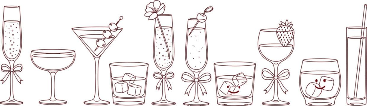 Hand drawn cocktail glasses variety line art illustration