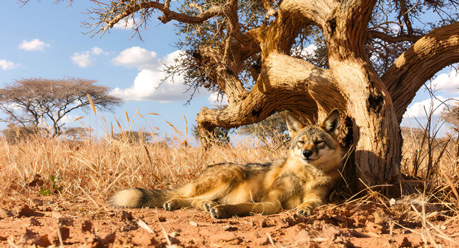  A zorse rests beneath the shade of a large acacia tree