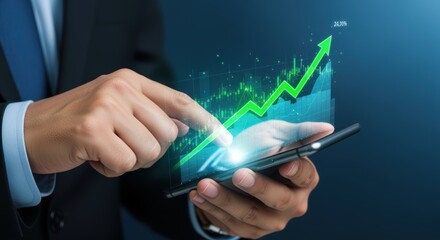 Businessman analyzes stock market growth with upwards trending green arrow using smartphone technology showcasing successful investment strategy