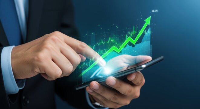Businessman analyzes stock market growth with upwards trending green arrow using smartphone technology showcasing successful investment strategy