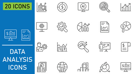 Collation of data analytics icon set. Containing statistics, monitoring, database, analytics, server, computing and more.  Analytics icons featuring chart. Vector Illustration