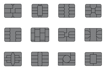 Set of EMV chip silver icons. Credit and debit card elements. Square computer microchips. Silver contactless payment cards with EMV chips. Smart payment security vector illustration.