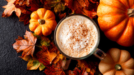 Pumpkin spice latte with autumn leaves and decorative pumpkins on a dark background , ai generated image.