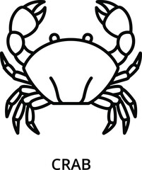 Crab line art, marine animal drawing, black and white illustration, symmetrical claws, educational sketch, ocean life, coloring page