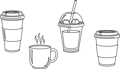 Coffee cup illustration, ceramic mug, plastic drink cup, beverage container set, hot drink, cold drink, packaging, lifestyle, icon