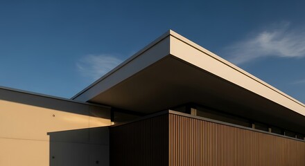 Sharp geometric architecture under clear sky contrasting dark wood facade