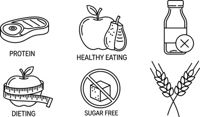 Nutrition icons line art, healthy eating, sugar free, protein, dieting, food sketch, black and white, wellness, lifestyle