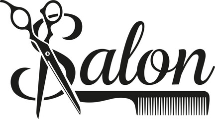 Untitled-1Salon logo design, scissors and comb, hair styling icon, beauty shop branding, typography art, black and white, elegant, minimal
