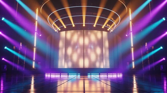 Immersive stage lighting and futuristic led screen display with dramatic purple and blue beams