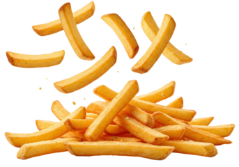 Freshly fried golden-brown french fries, crispy and textured, some mid-air, others in a scattered pile, on a transparent studio background with copy space. Concept of appetizing fast food craving