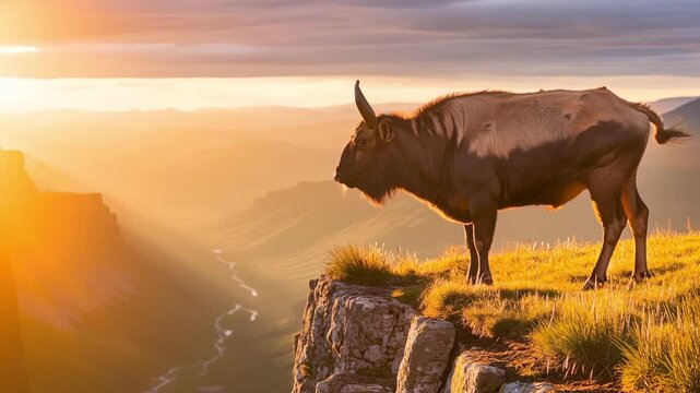 Mighty beefalo standing on mountain ridge at dramatic sunrise light