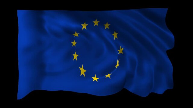 Realistic EU flag waving in a seamless loop with alpha channel for overlays perfect for European Union Day, EU celebrations, official events, government videos, cultural projects, and 4K compositing